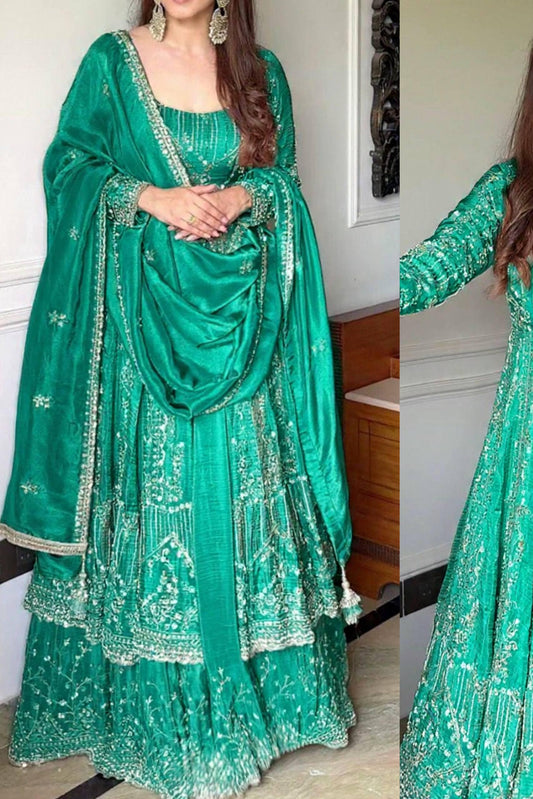 Designer Party Wear Look Embroidery Work Gown With Lehenga and Dupatta