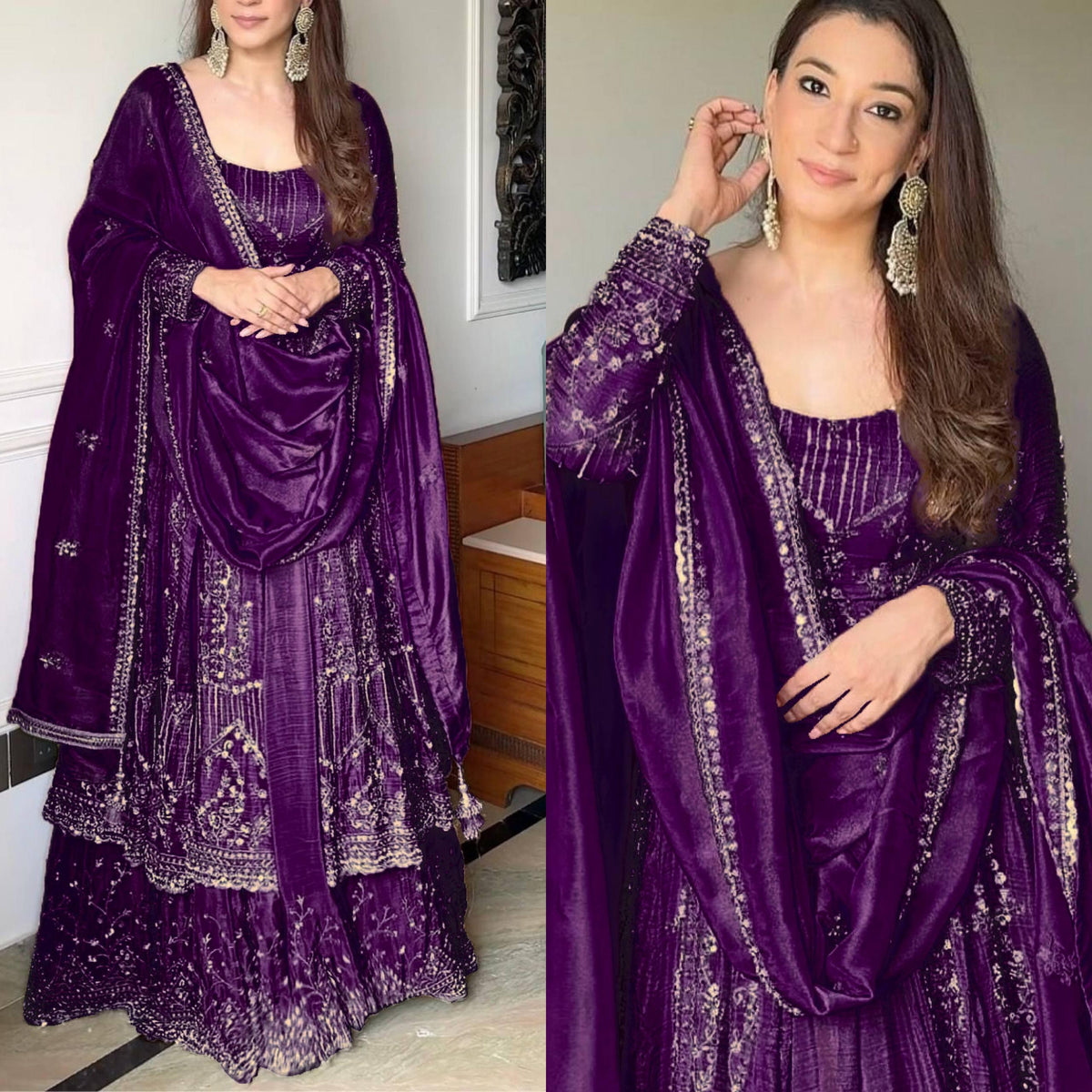 Designer Party Wear Look Embroidery Work Gown With Lehenga and Dupatta