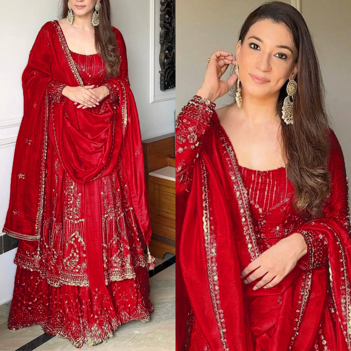 Designer Party Wear Look Embroidery Work Gown With Lehenga and Dupatta