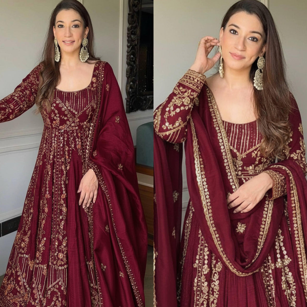 Designer Party Wear Look Embroidery Work Gown With Lehenga and Dupatta