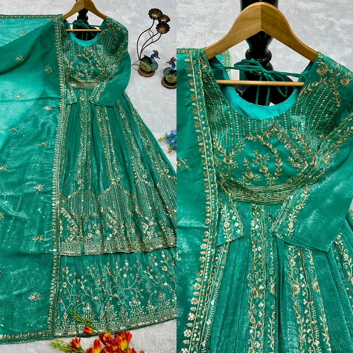 Designer Party Wear Look Embroidery Work Gown With Lehenga and Dupatta