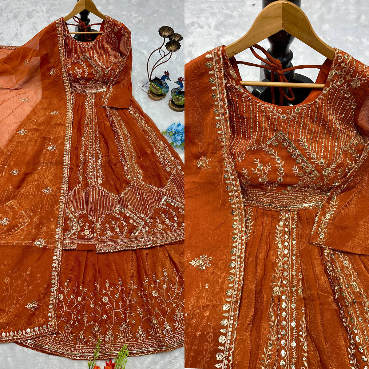 Designer Party Wear Look Embroidery Work Gown With Lehenga and Dupatta