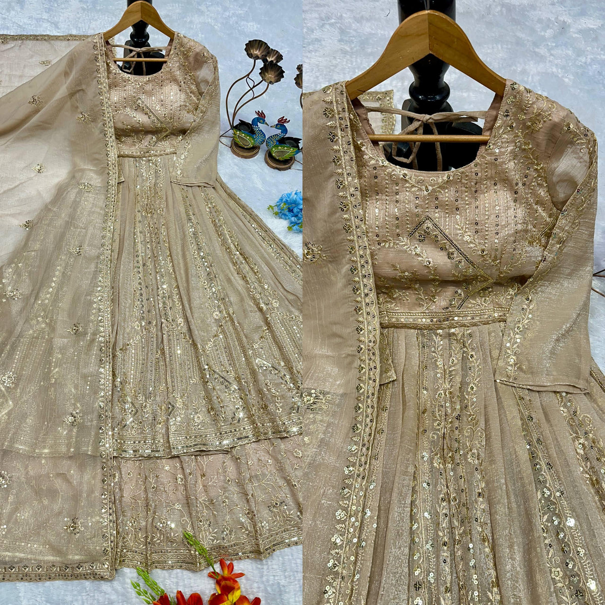 Designer Party Wear Look Embroidery Work Gown With Lehenga and Dupatta