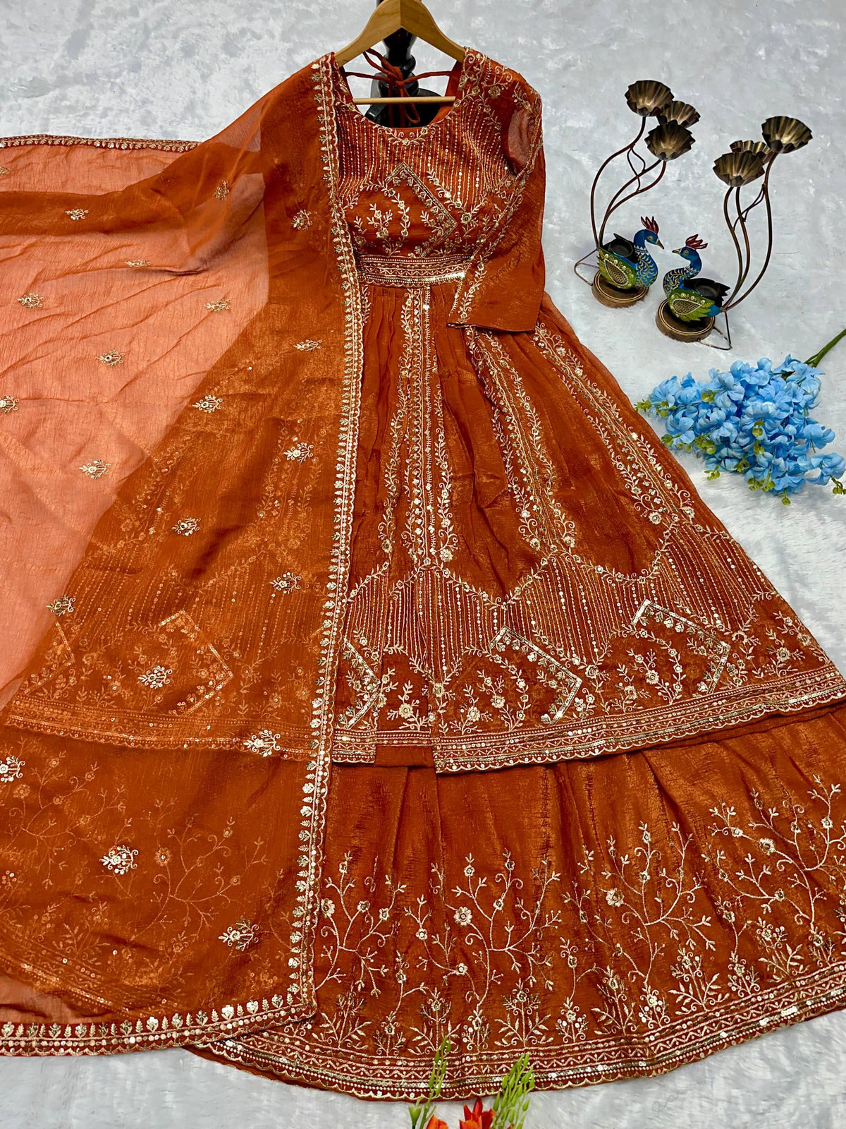 Designer Party Wear Look Embroidery Work Gown With Lehenga and Dupatta
