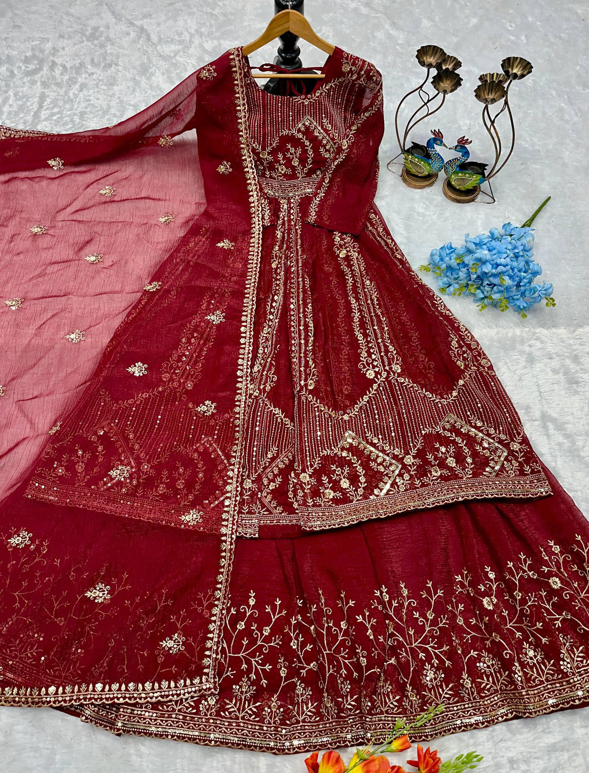 Designer Party Wear Look Embroidery Work Gown With Lehenga and Dupatta