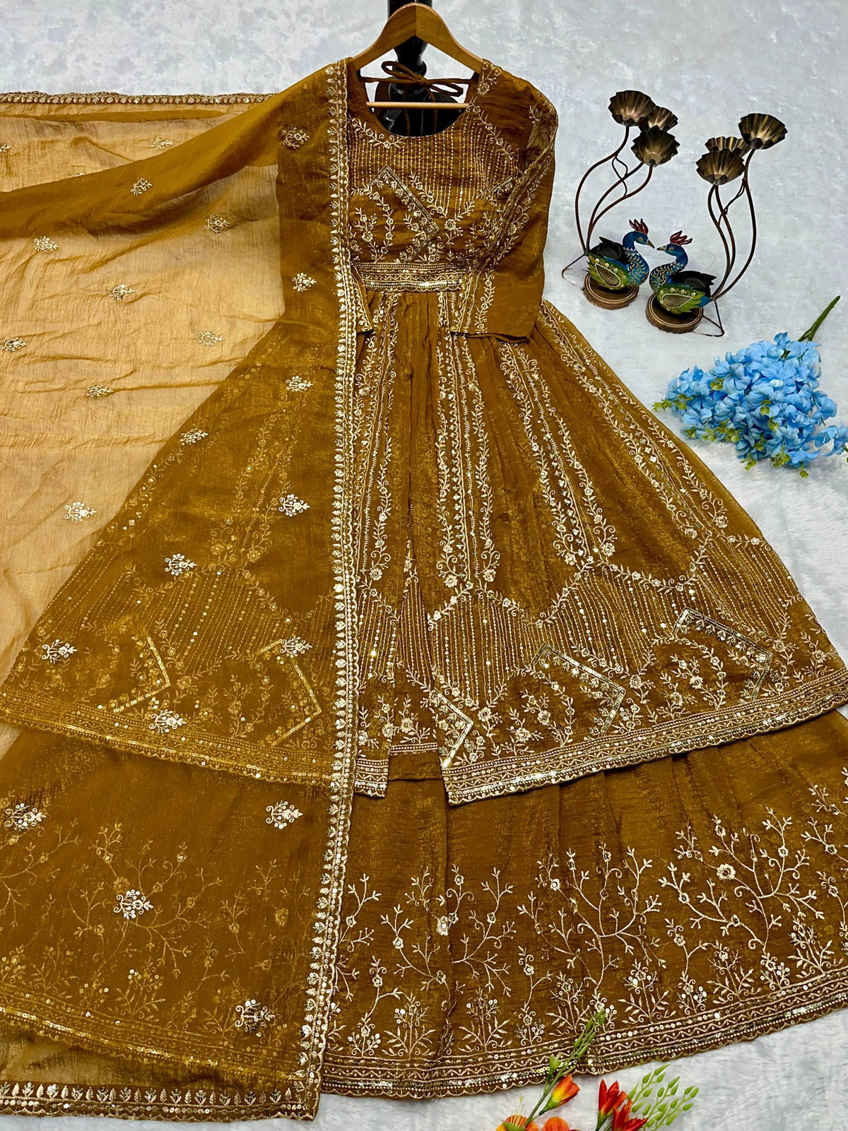 Designer Party Wear Look Embroidery Work Gown With Lehenga and Dupatta
