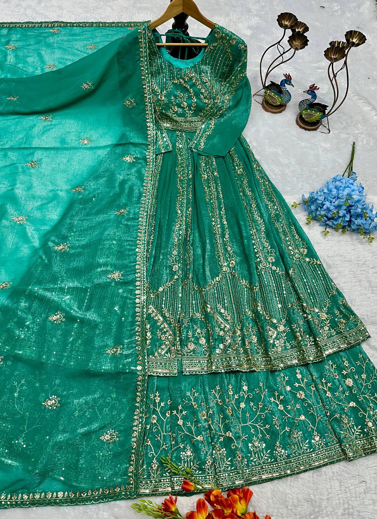 Designer Party Wear Look Embroidery Work Gown With Lehenga and Dupatta