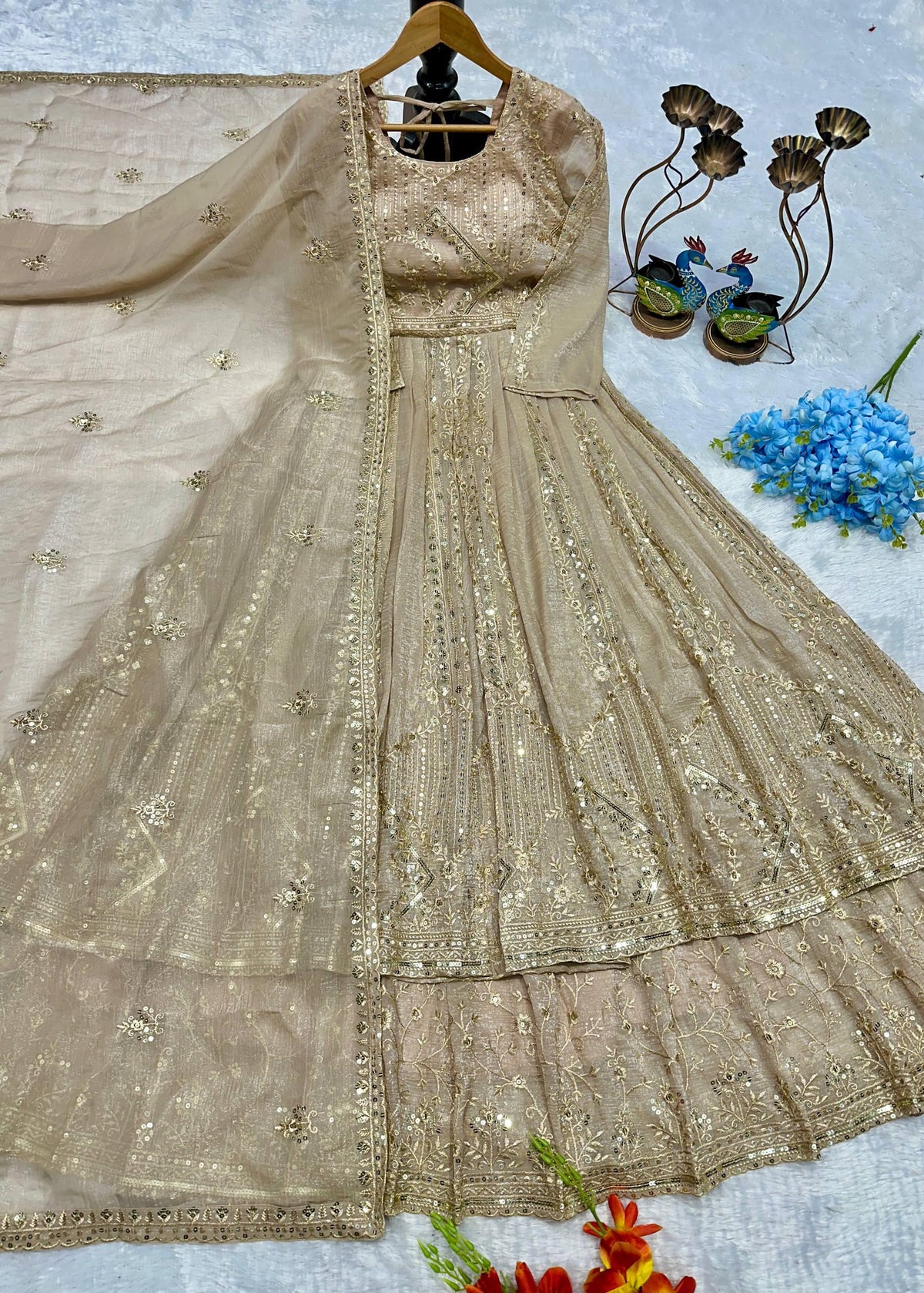 Designer Party Wear Look Embroidery Work Gown With Lehenga and Dupatta
