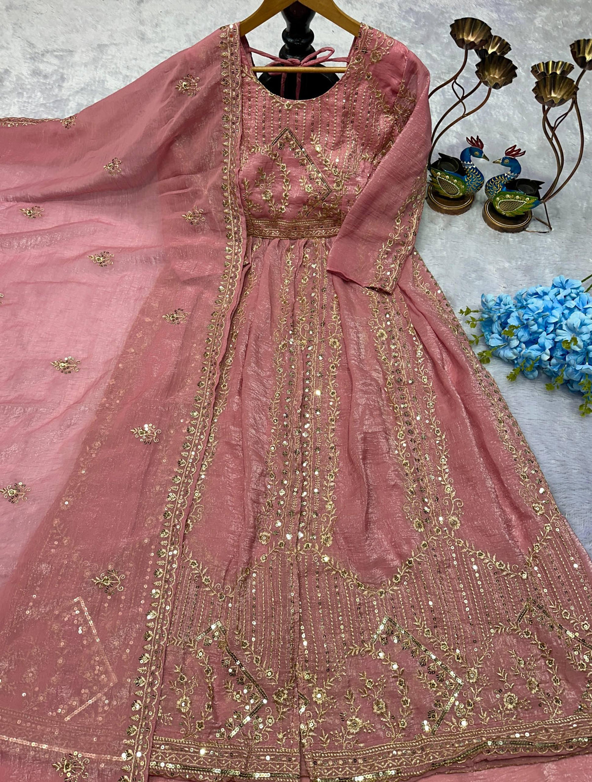 Designer Party Wear Look Embroidery Work Gown With Lehenga and Dupatta
