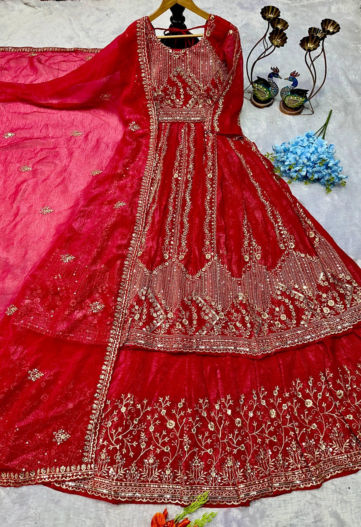 Designer Party Wear Look Embroidery Work Gown With Lehenga and Dupatta