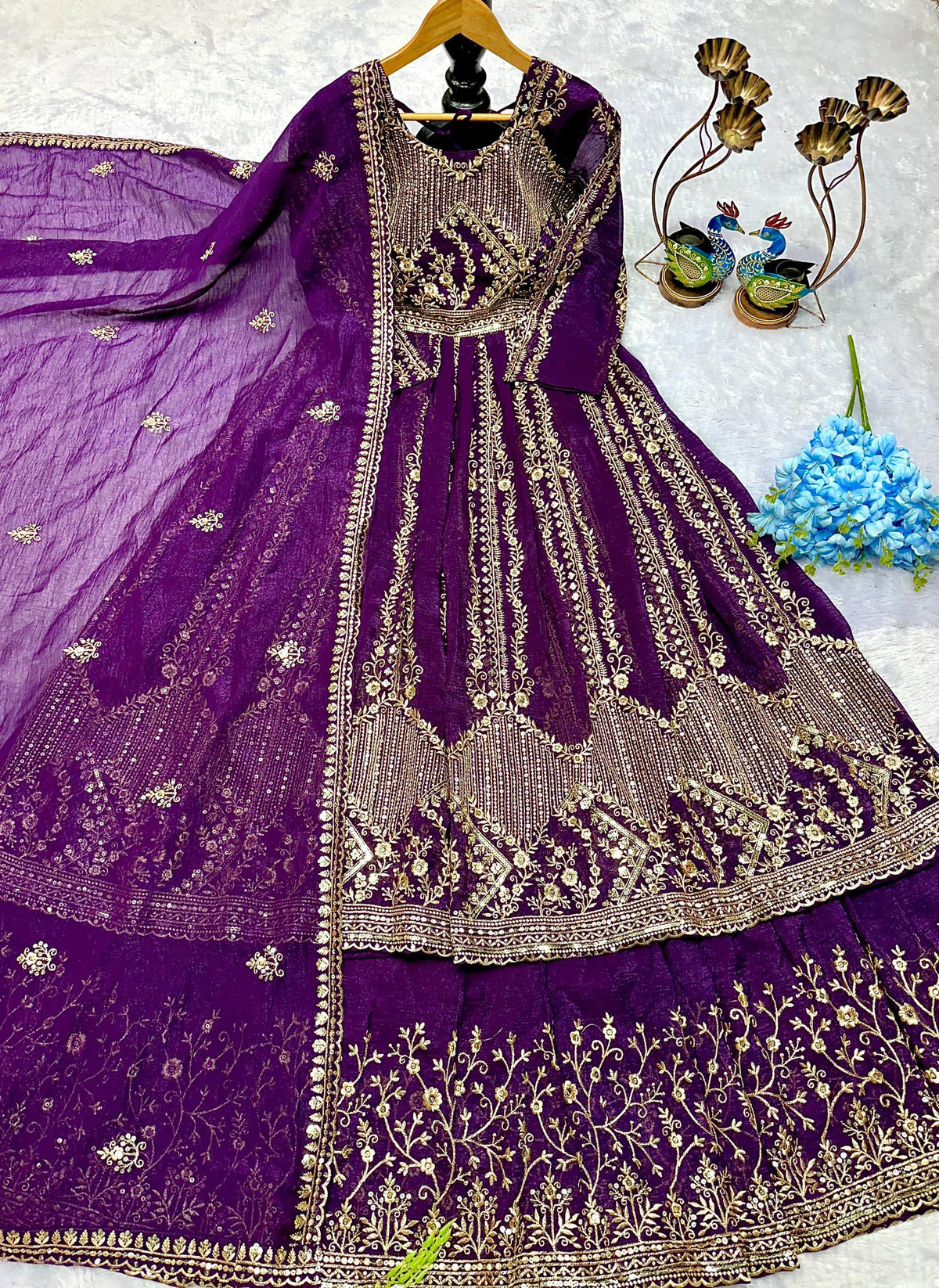 Designer Party Wear Look Embroidery Work Gown With Lehenga and Dupatta