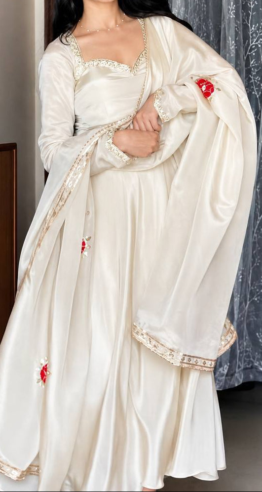 White Upda Silk Embroidered Anarkali Suit With Corset Back