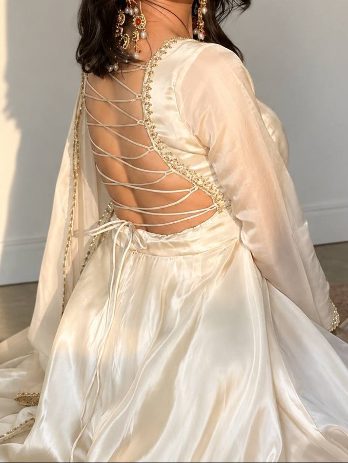 White Upda Silk Embroidered Anarkali Suit With Corset Back