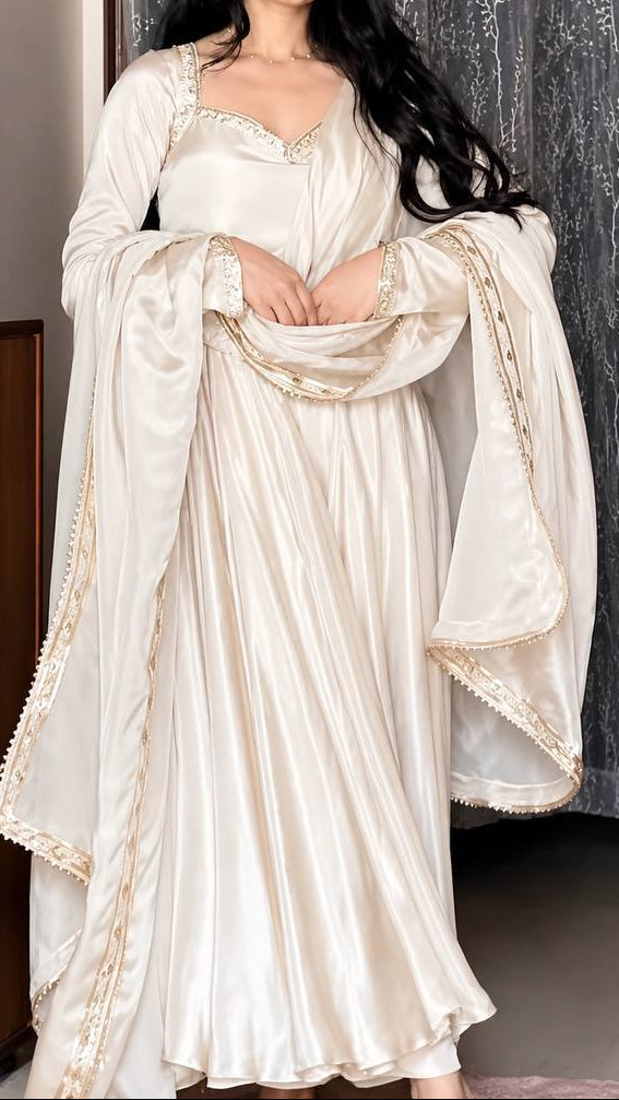 White Upda Silk Embroidered Anarkali Suit With Corset Back