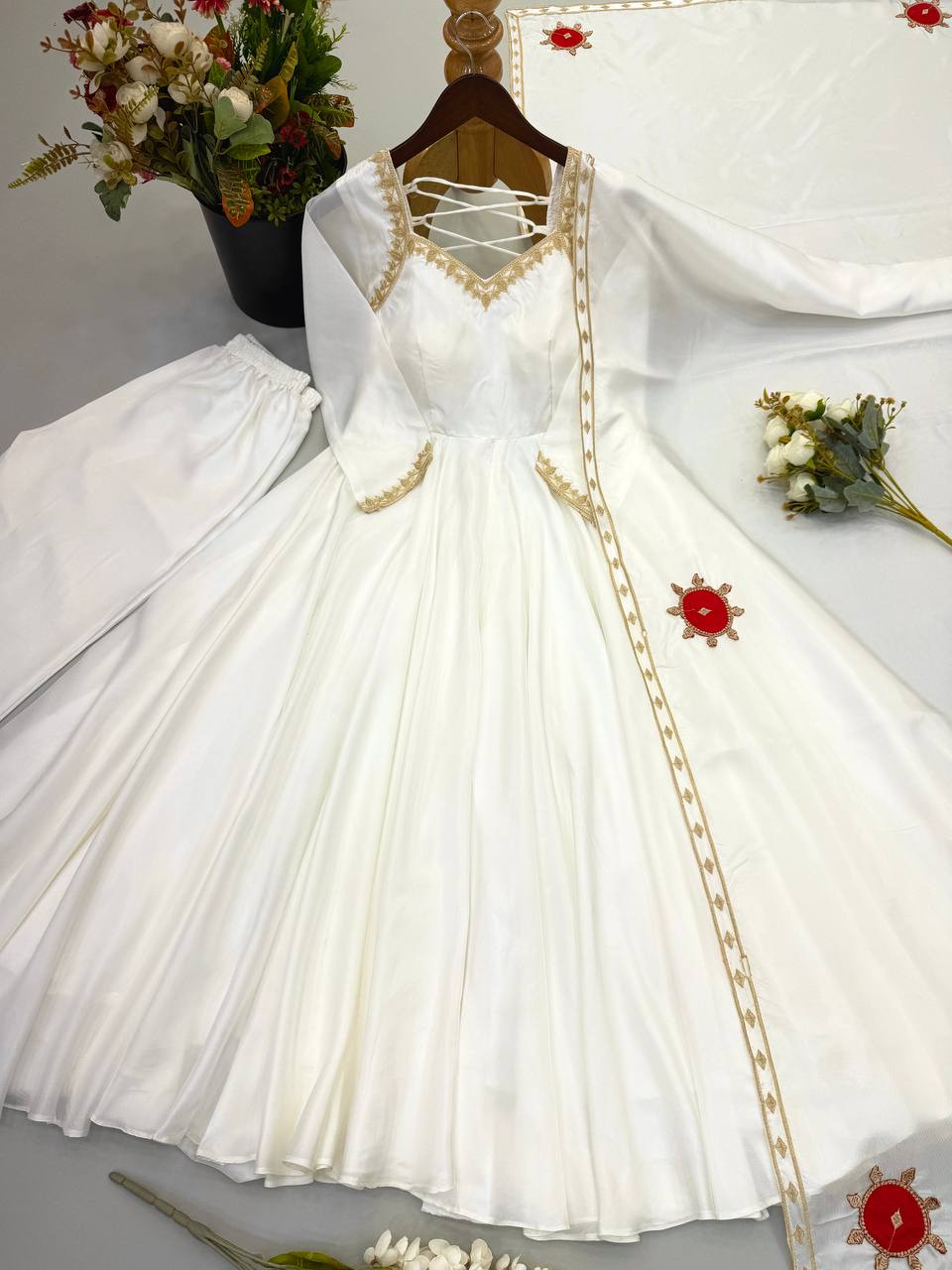 White Upda Silk Embroidered Anarkali Suit With Corset Back