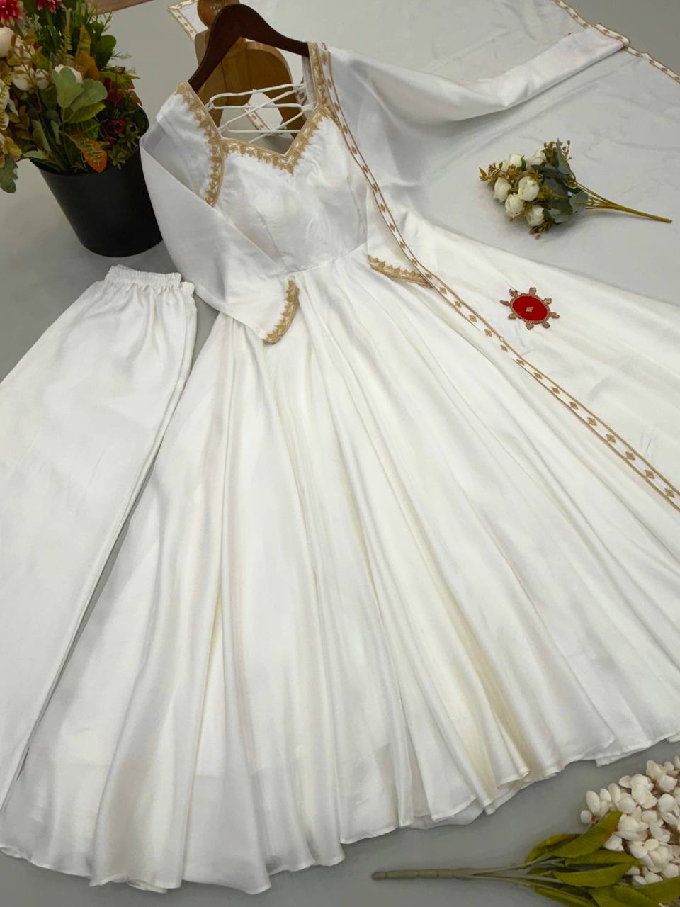 White Upda Silk Embroidered Anarkali Suit With Corset Back