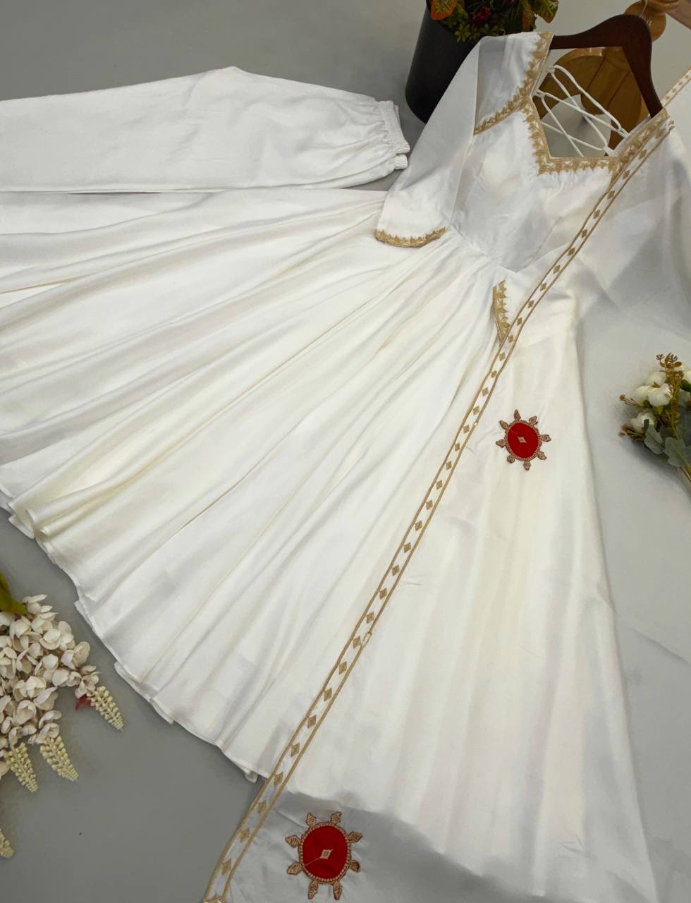 White Upda Silk Embroidered Anarkali Suit With Corset Back