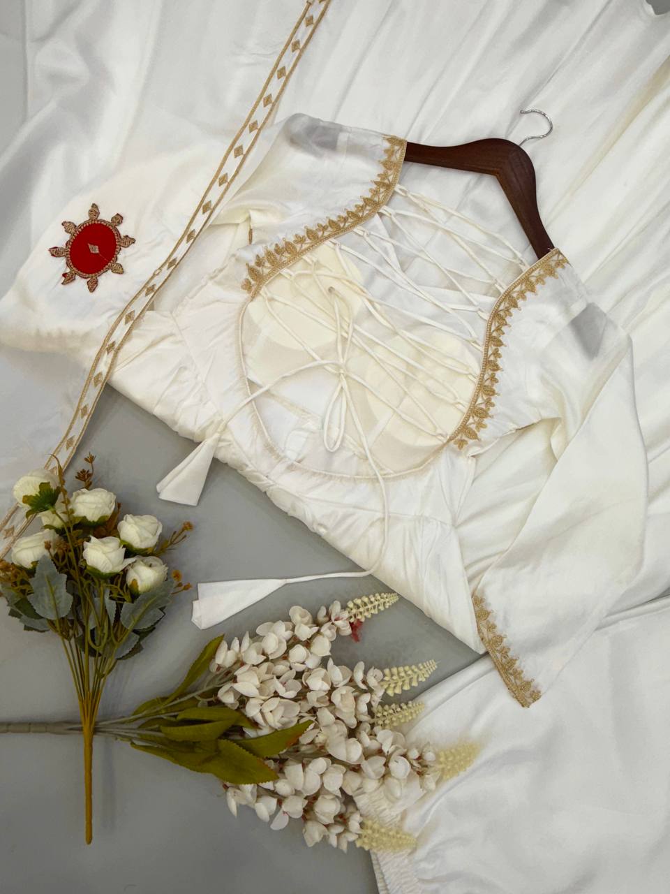 White Upda Silk Embroidered Anarkali Suit With Corset Back