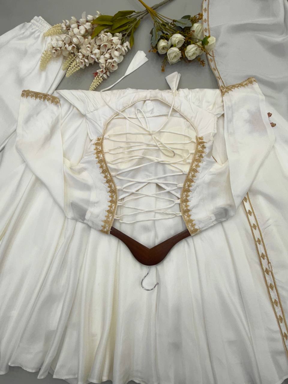 White Upda Silk Embroidered Anarkali Suit With Corset Back