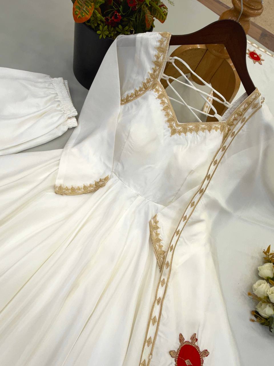 White Upda Silk Embroidered Anarkali Suit With Corset Back