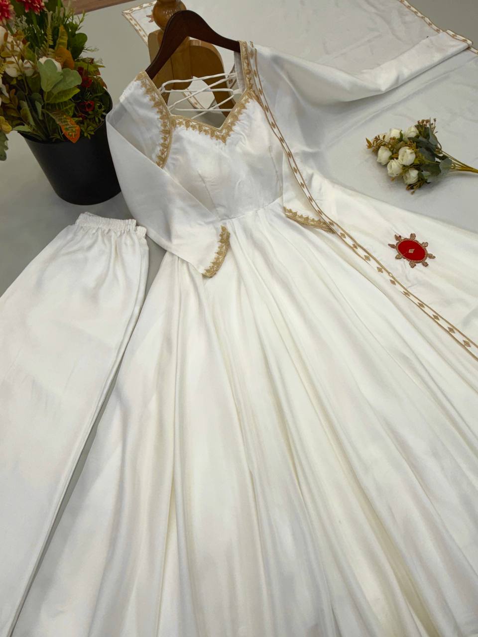 White Upda Silk Embroidered Anarkali Suit With Corset Back