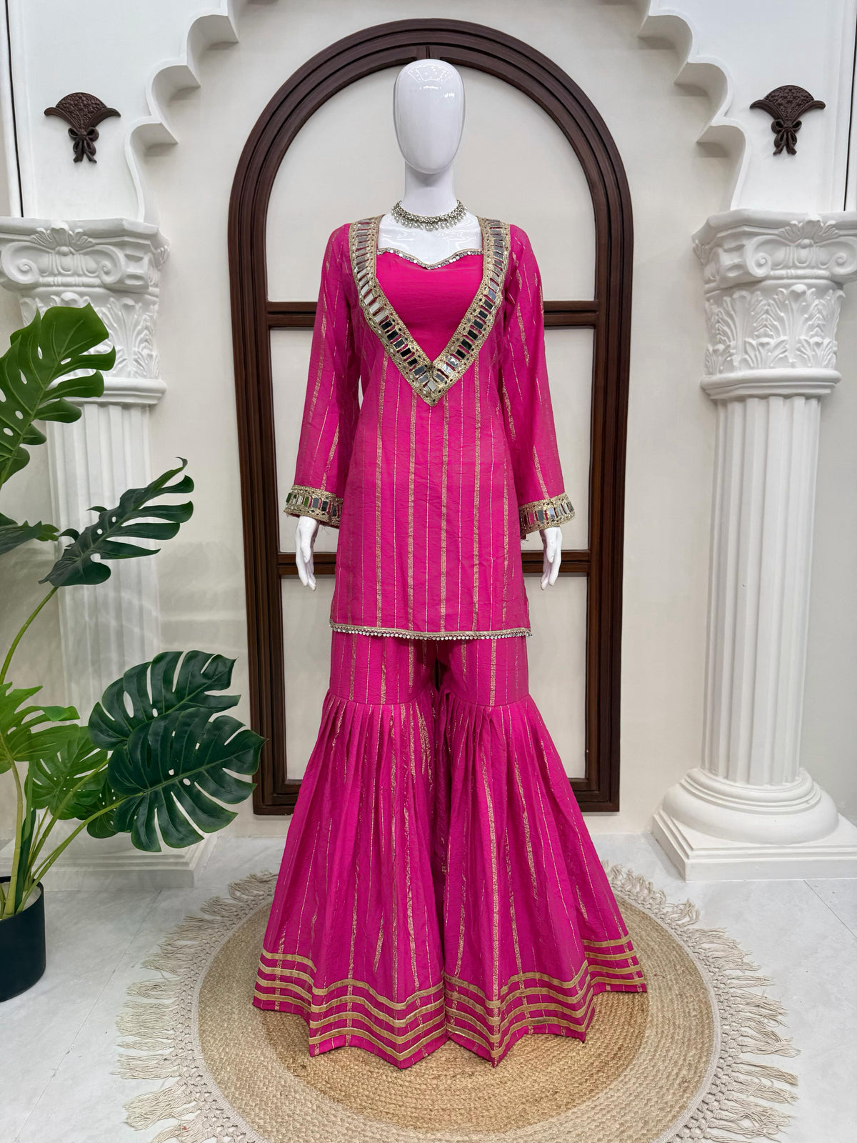 Hot Pink Gold Zari Top and Sharara Set with Real Mirror Embroidery
