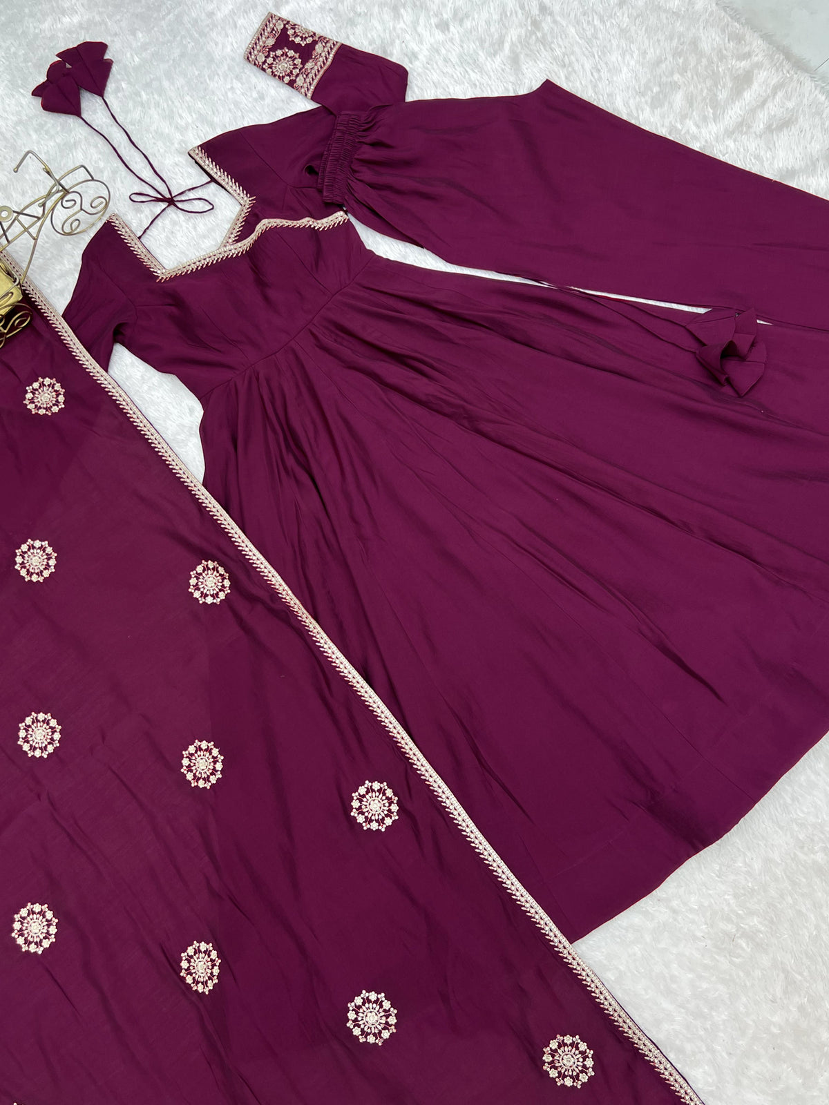 Angrakha style designer anarkali suit with backside fancy tassels