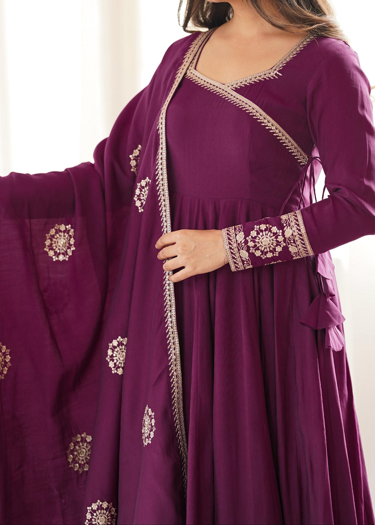 Angrakha style designer anarkali suit with backside fancy tassels