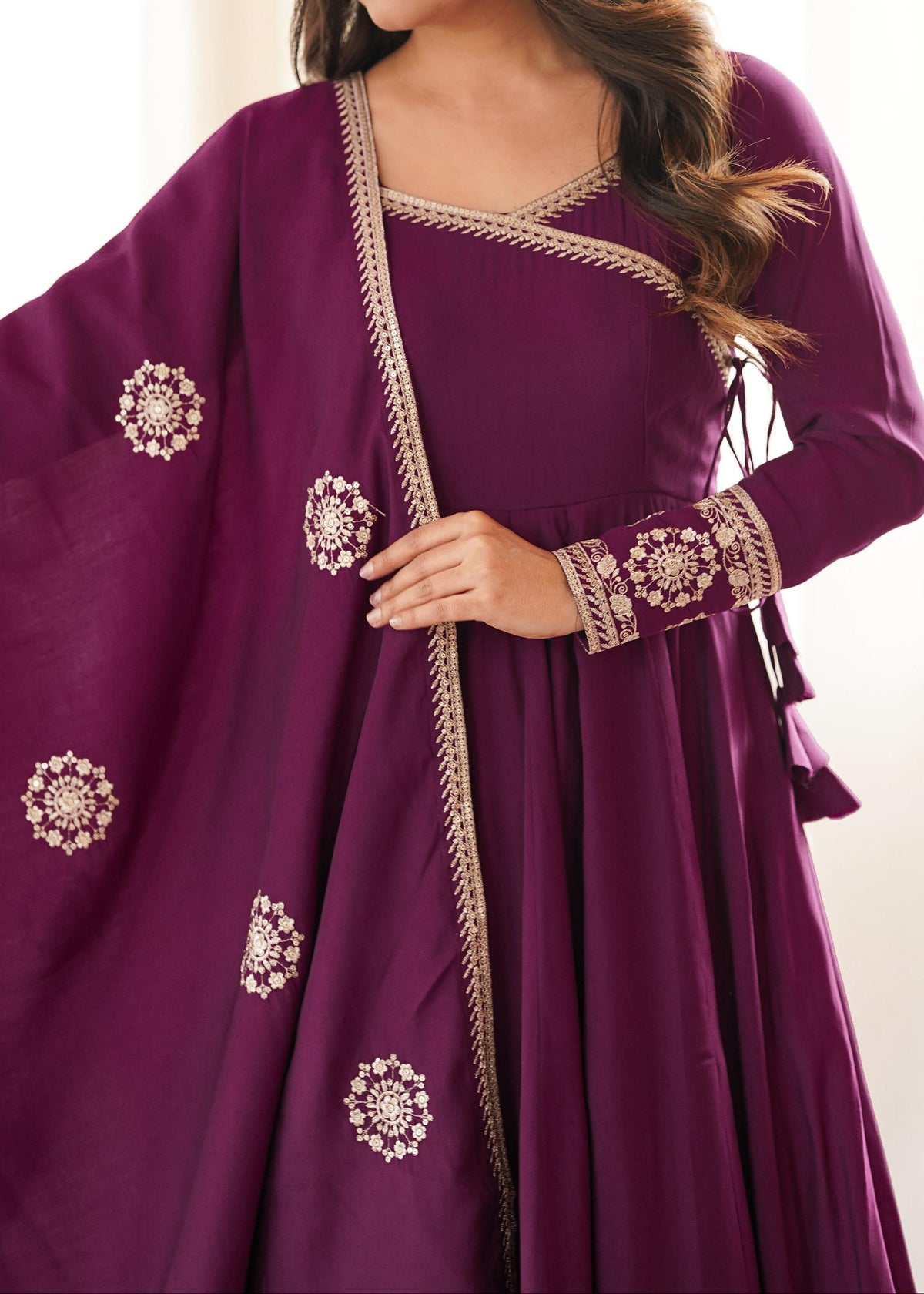 Angrakha style designer anarkali suit with backside fancy tassels