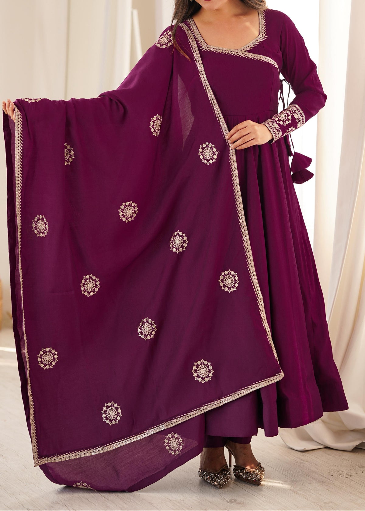 Angrakha style designer anarkali suit with backside fancy tassels