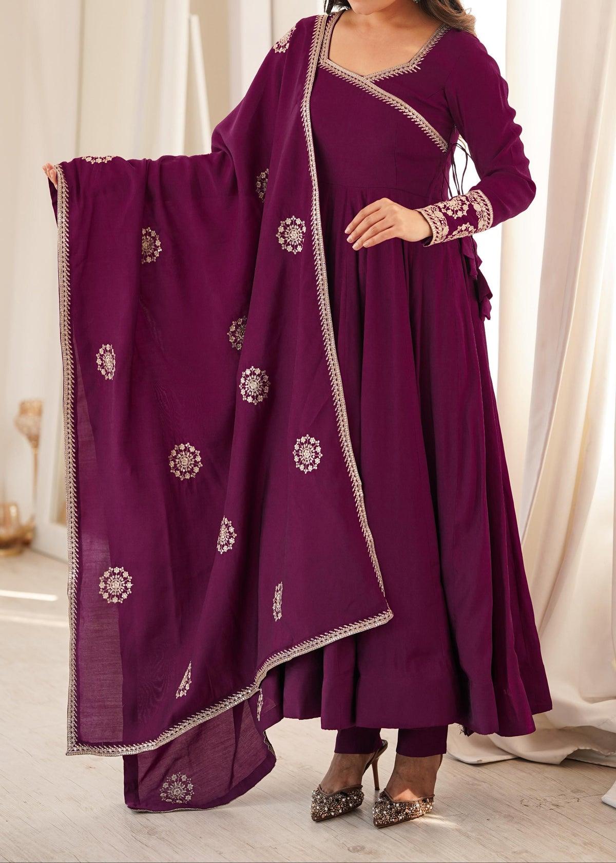 Angrakha style designer anarkali suit with backside fancy tassels