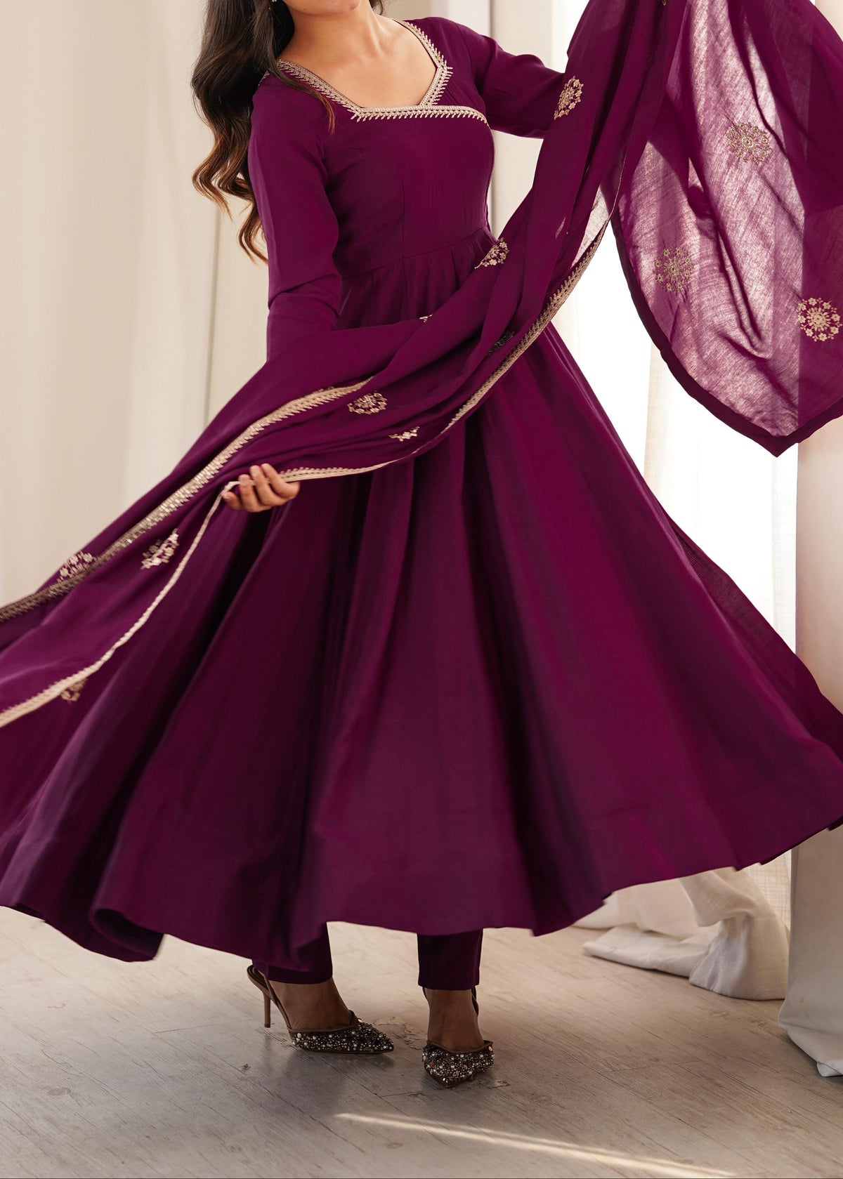 Angrakha style designer anarkali suit with backside fancy tassels
