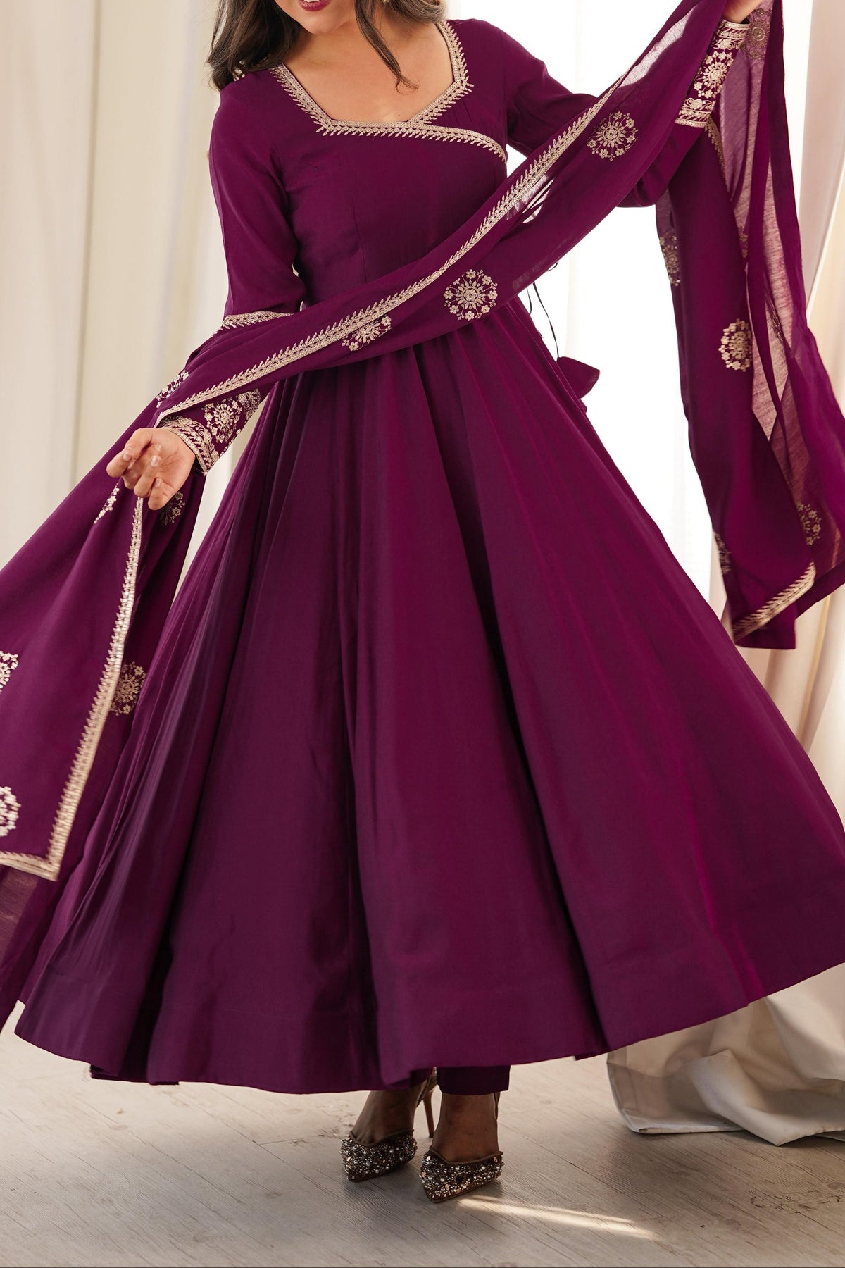 Angrakha style designer anarkali suit with backside fancy tassels