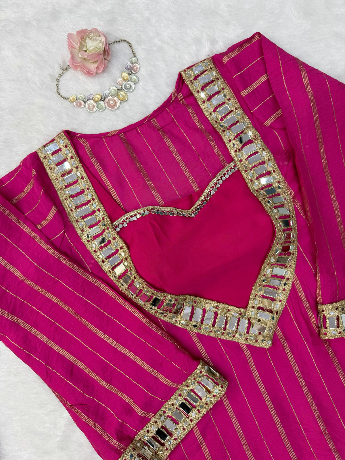 Hot Pink Gold Zari Top and Sharara Set with Real Mirror Embroidery