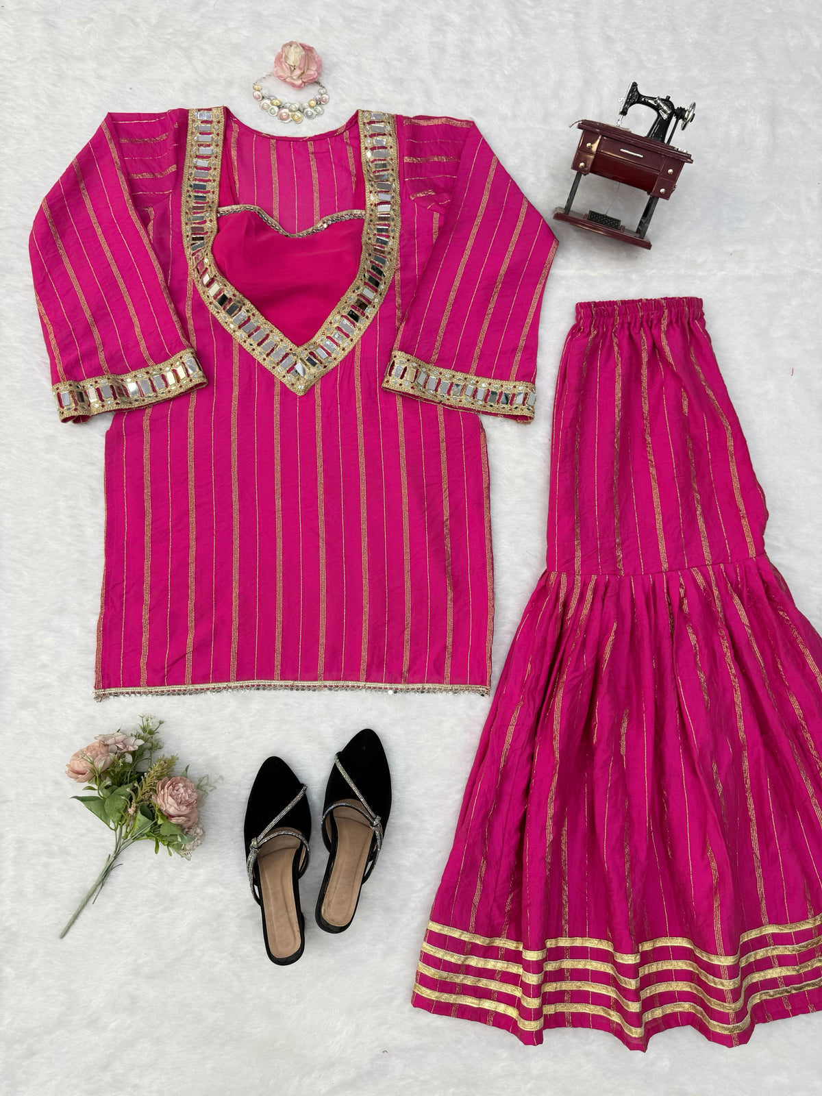 Hot Pink Gold Zari Top and Sharara Set with Real Mirror Embroidery