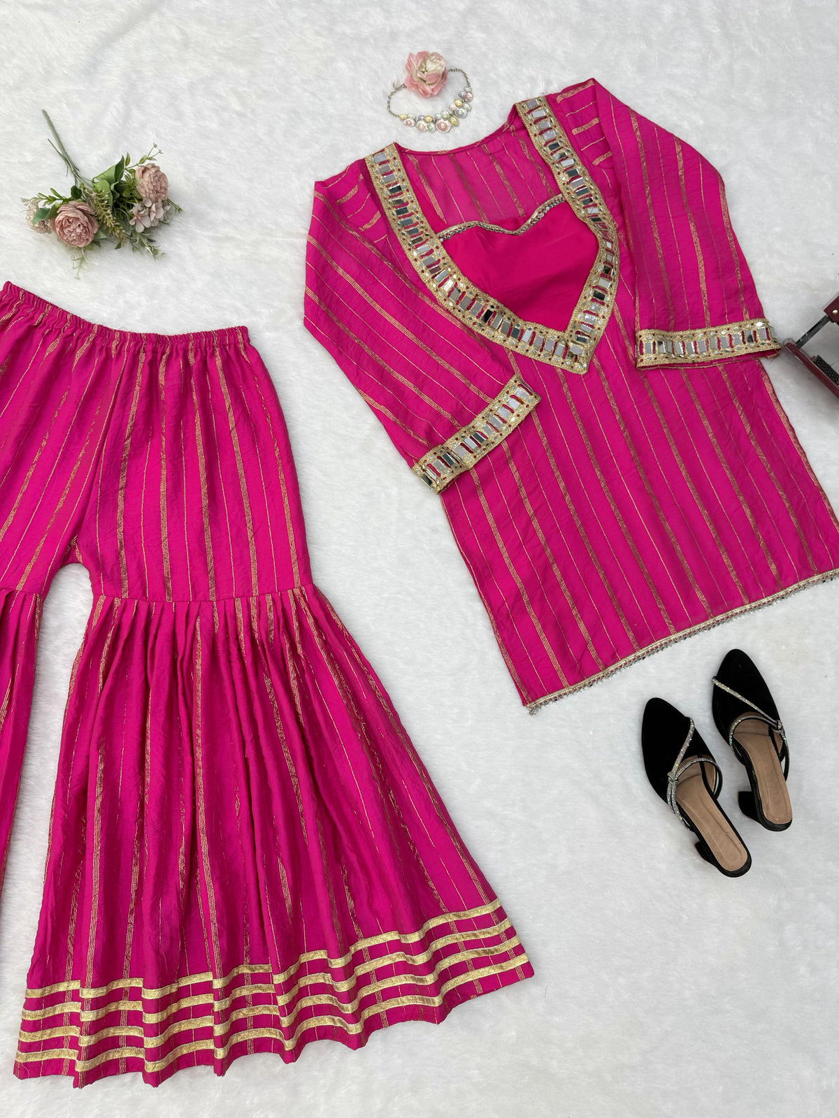 Hot Pink Gold Zari Top and Sharara Set with Real Mirror Embroidery