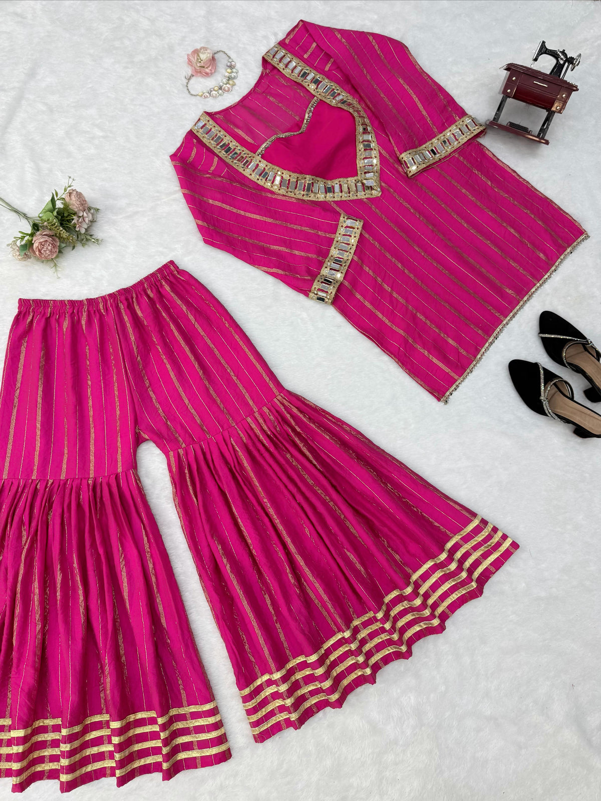 Hot Pink Gold Zari Top and Sharara Set with Real Mirror Embroidery