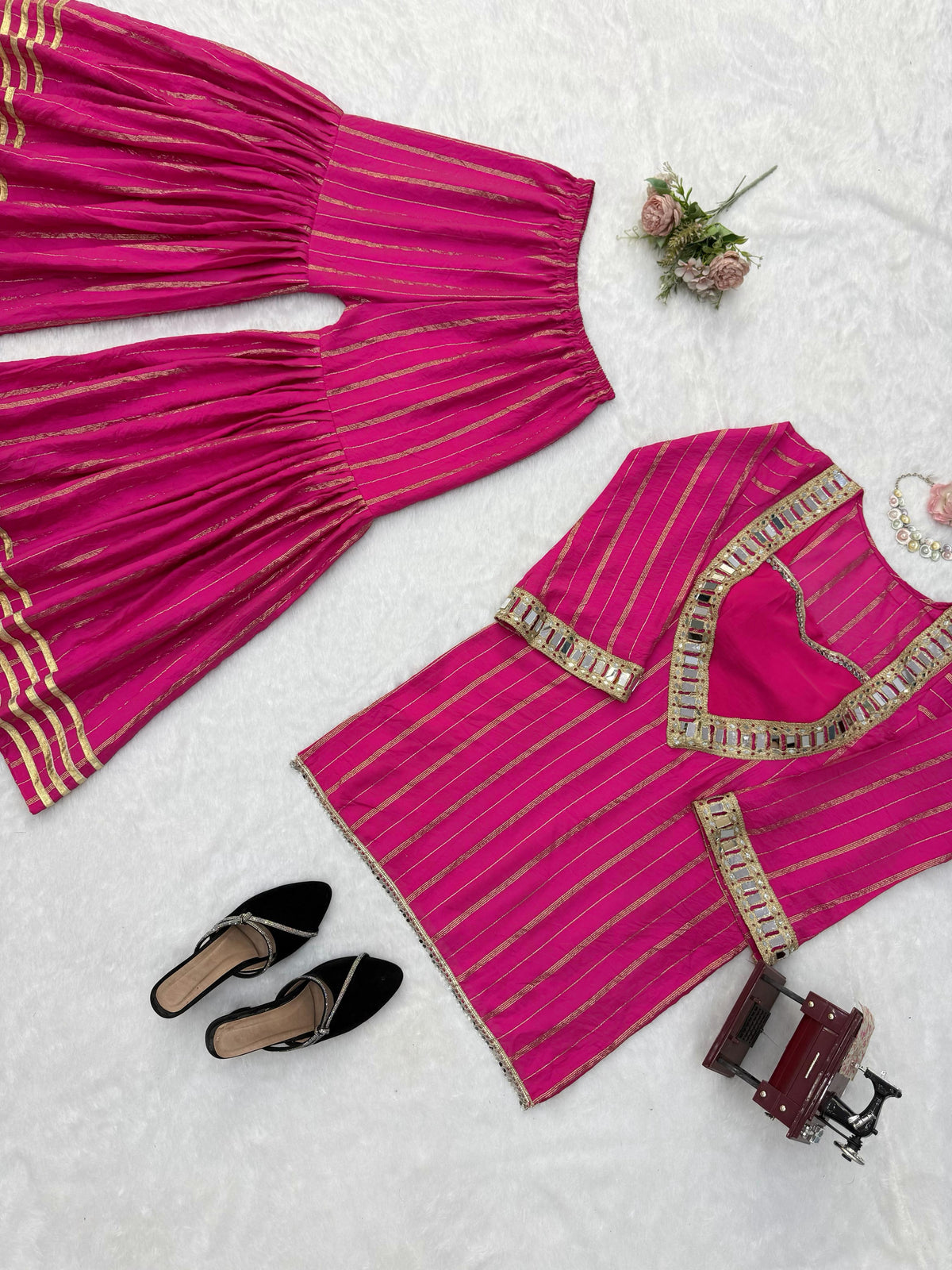 Hot Pink Gold Zari Top and Sharara Set with Real Mirror Embroidery