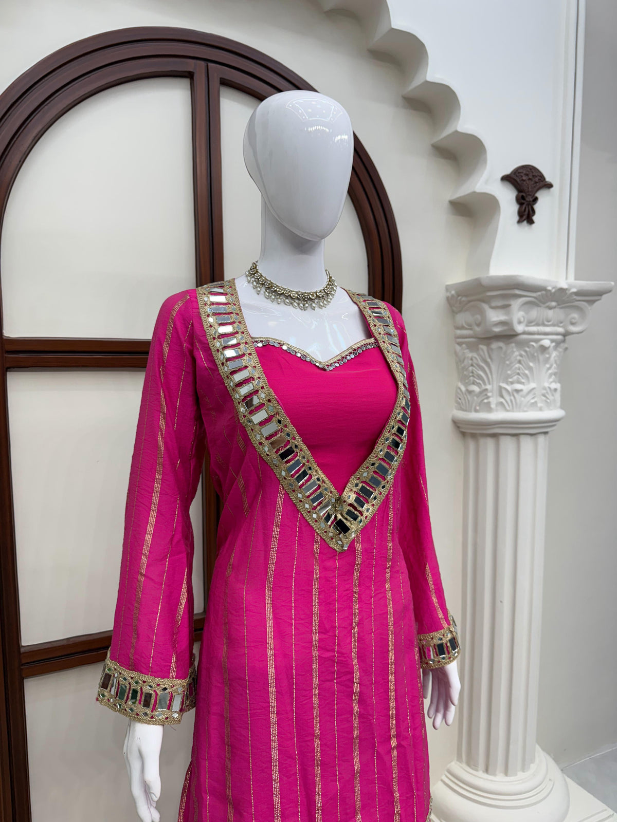 Hot Pink Gold Zari Top and Sharara Set with Real Mirror Embroidery