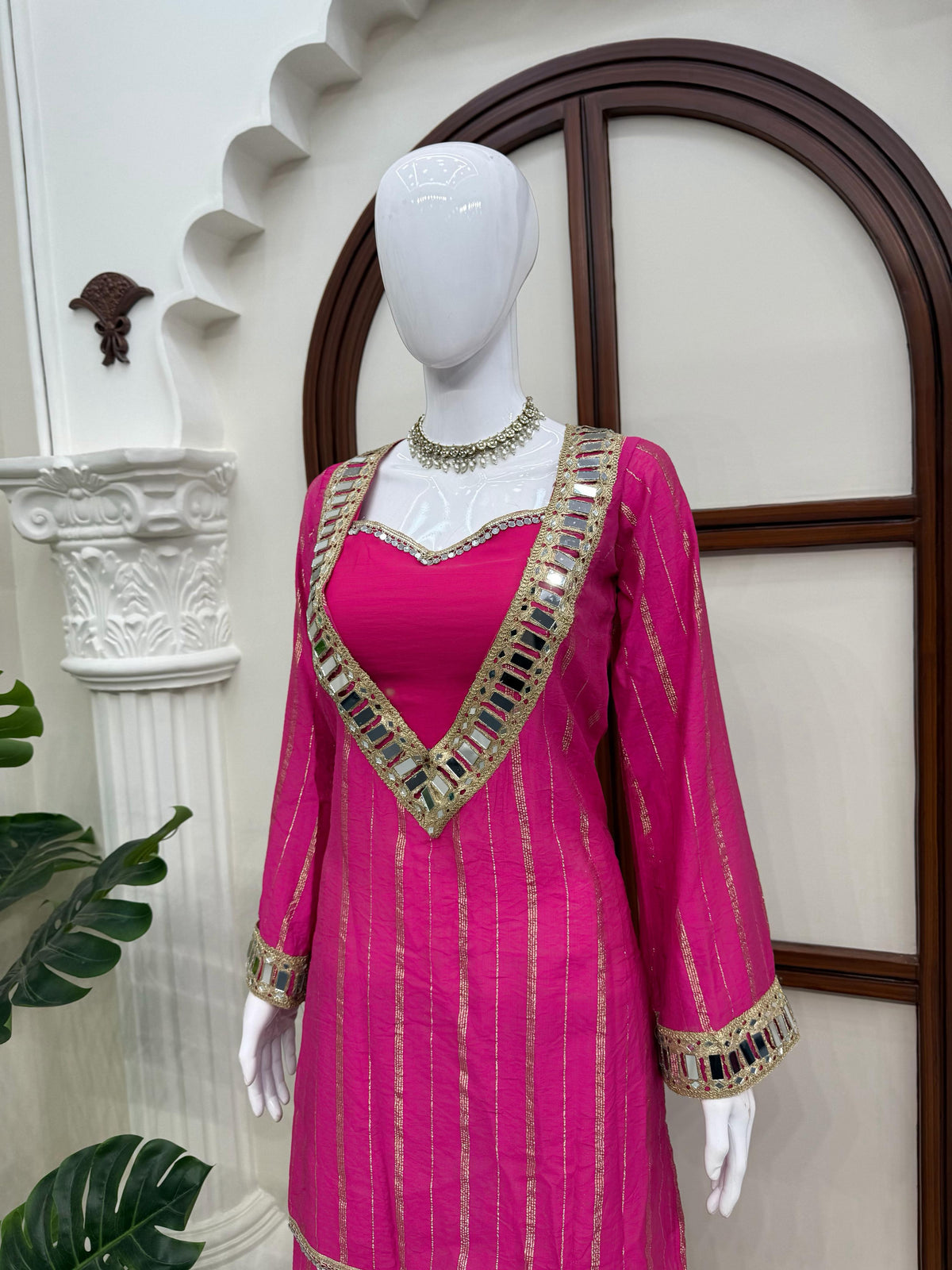 Hot Pink Gold Zari Top and Sharara Set with Real Mirror Embroidery