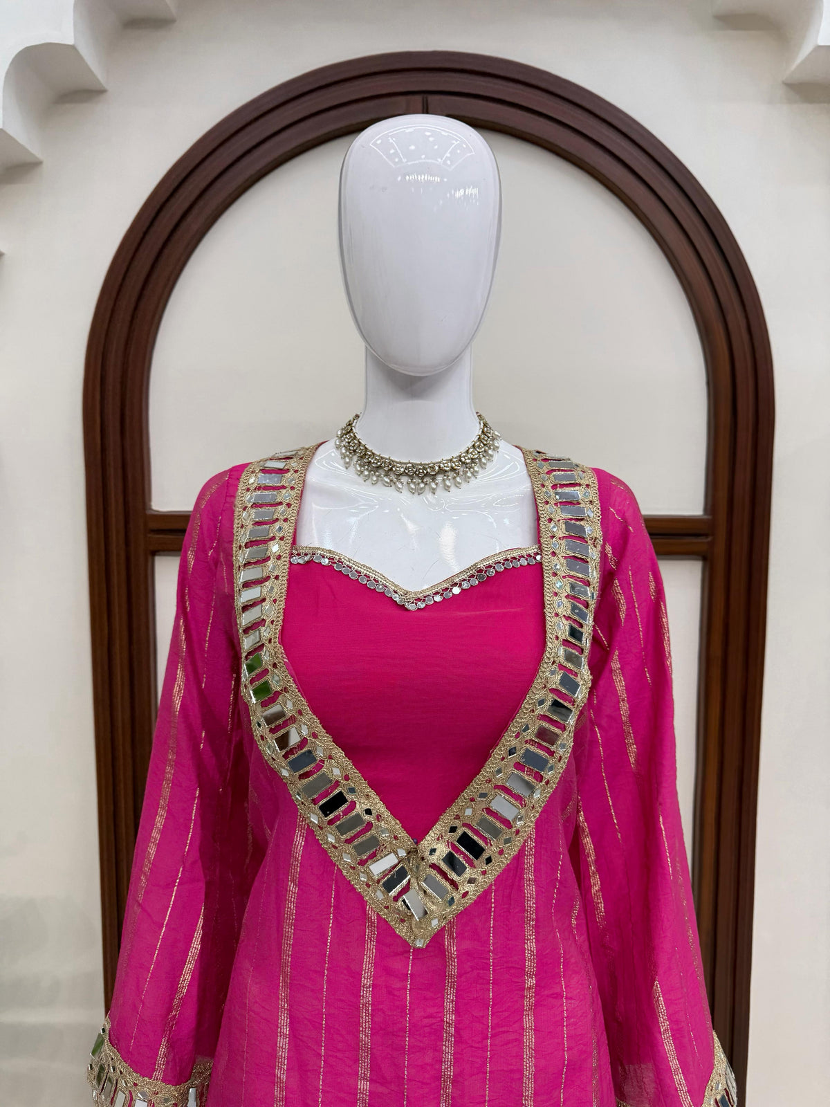 Hot Pink Gold Zari Top and Sharara Set with Real Mirror Embroidery