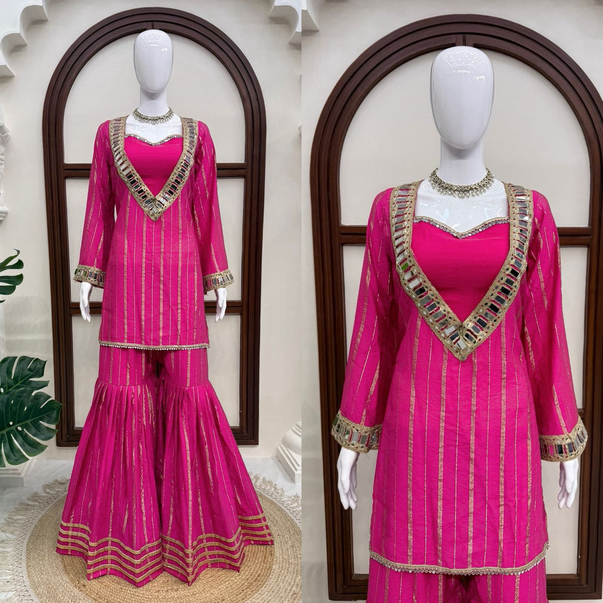 Hot Pink Gold Zari Top and Sharara Set with Real Mirror Embroidery