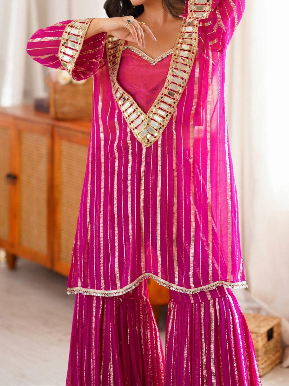 Hot Pink Gold Zari Top and Sharara Set with Real Mirror Embroidery