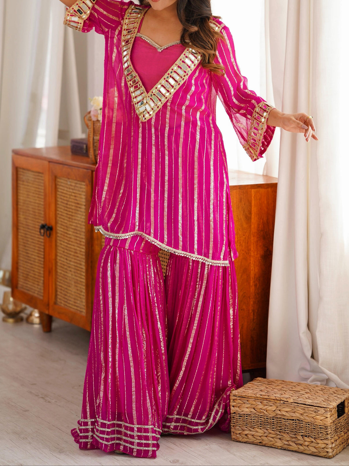Hot Pink Gold Zari Top and Sharara Set with Real Mirror Embroidery