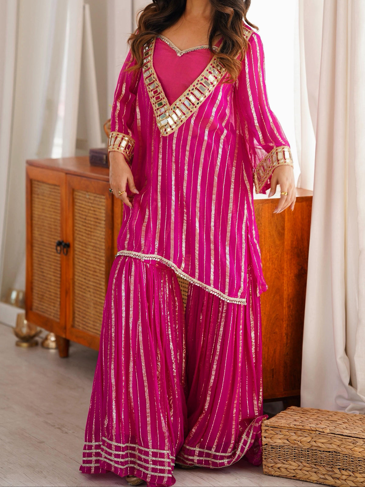 Hot Pink Gold Zari Top and Sharara Set with Real Mirror Embroidery