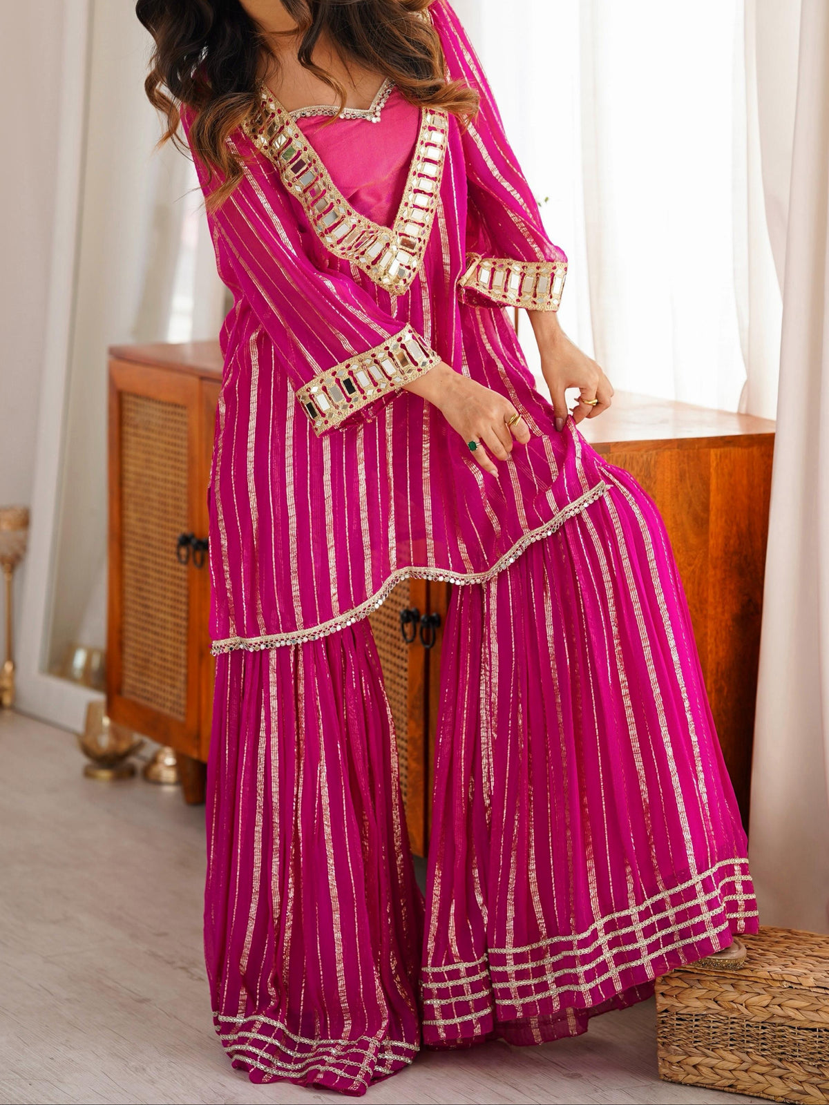 Hot Pink Gold Zari Top and Sharara Set with Real Mirror Embroidery