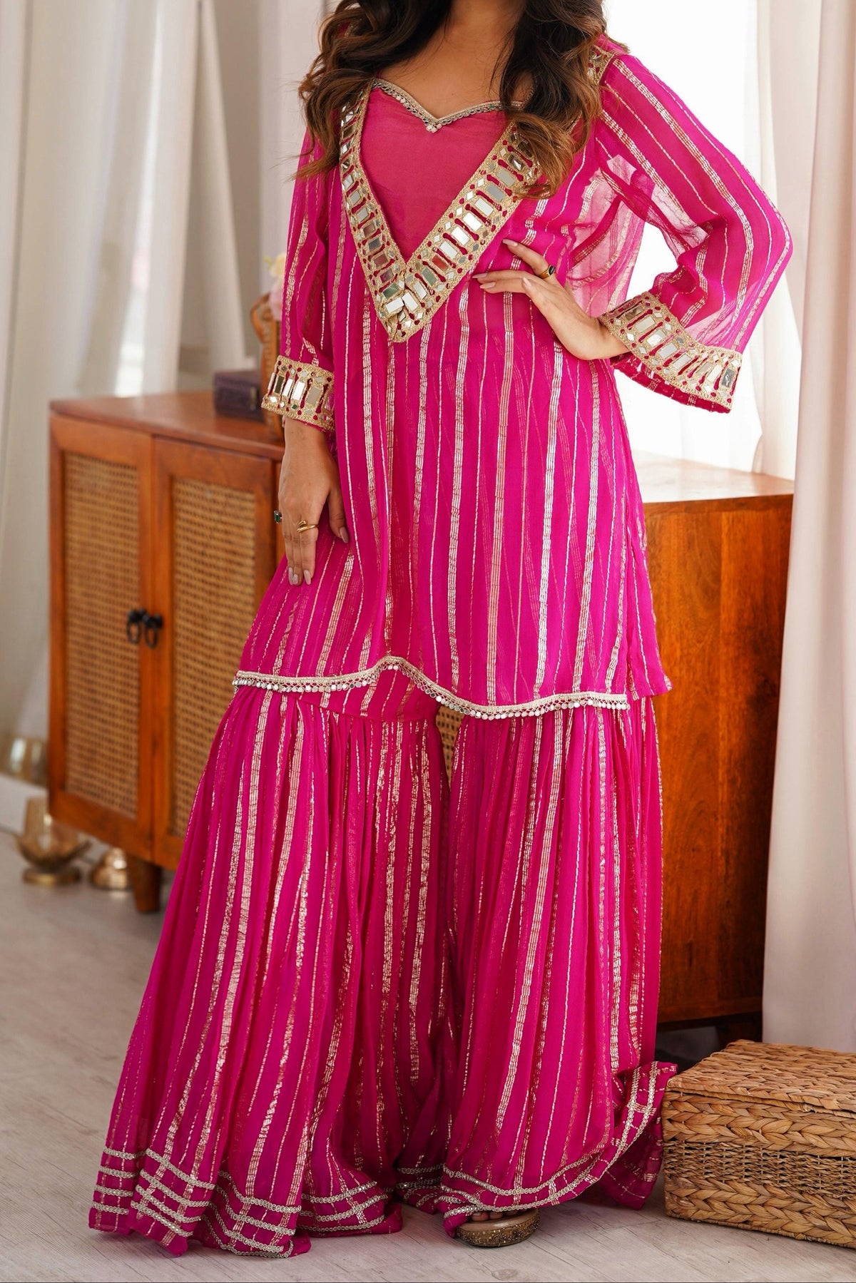 Hot Pink Gold Zari Top and Sharara Set with Real Mirror Embroidery