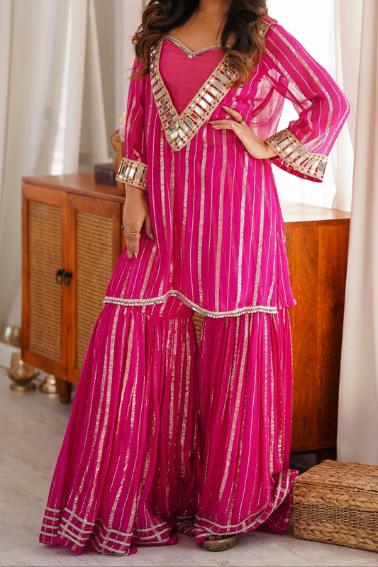 Hot Pink Gold Zari Top and Sharara Set with Real Mirror Embroidery
