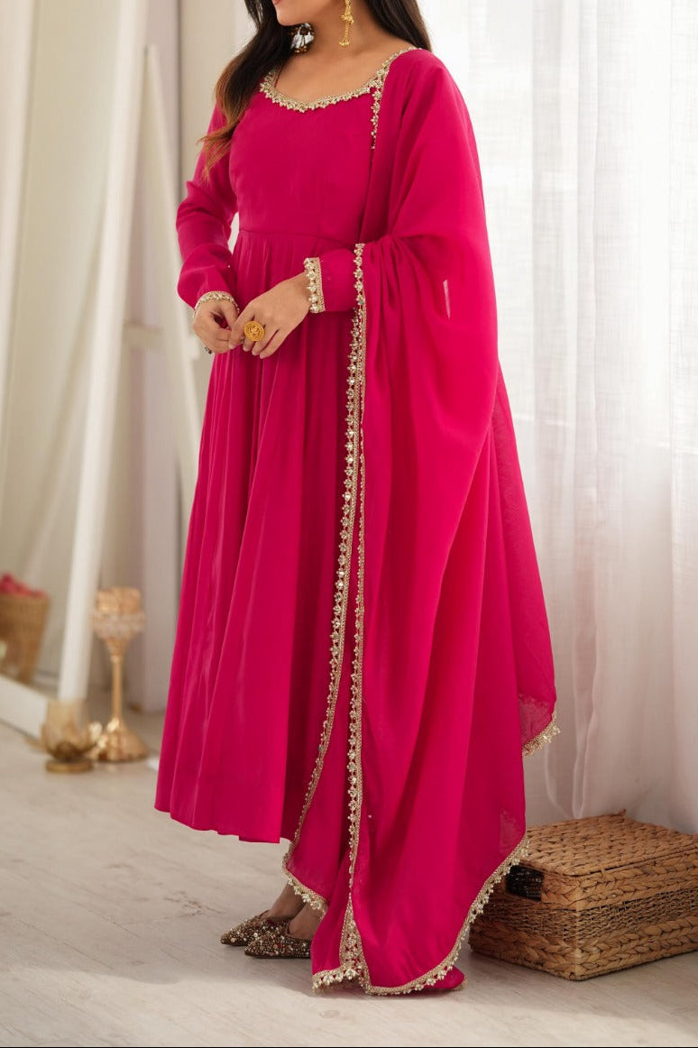 16 Kali Heavy Flare Mul Chanderi Anarkali Set With Handwork Mirror Work Lace