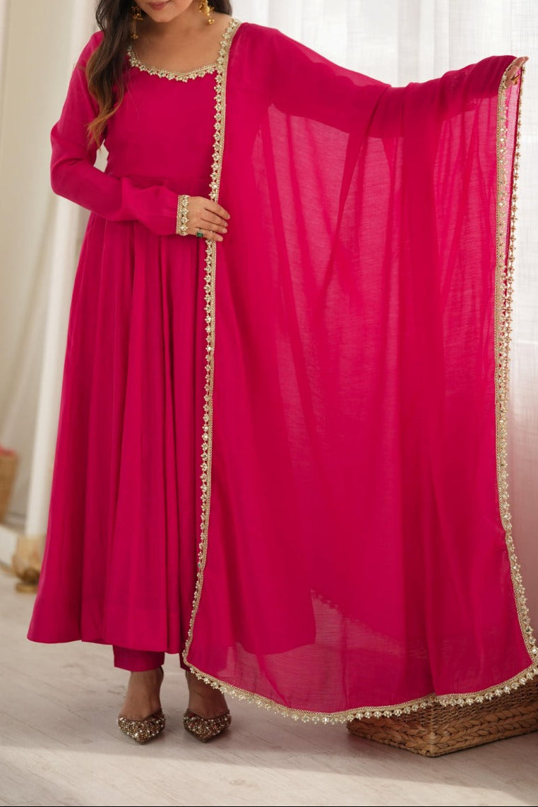 16 Kali Heavy Flare Mul Chanderi Anarkali Set With Handwork Mirror Work Lace